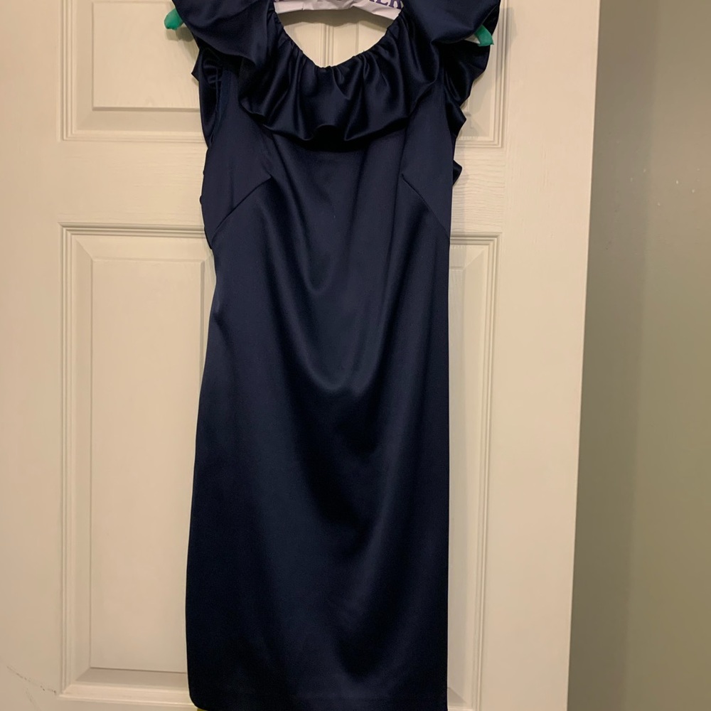 Navy Blue dress with Green bow